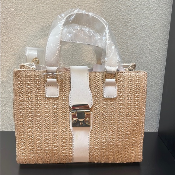 JustFab Handbags - JustFab Tan and White Straw Purse with Structured Design